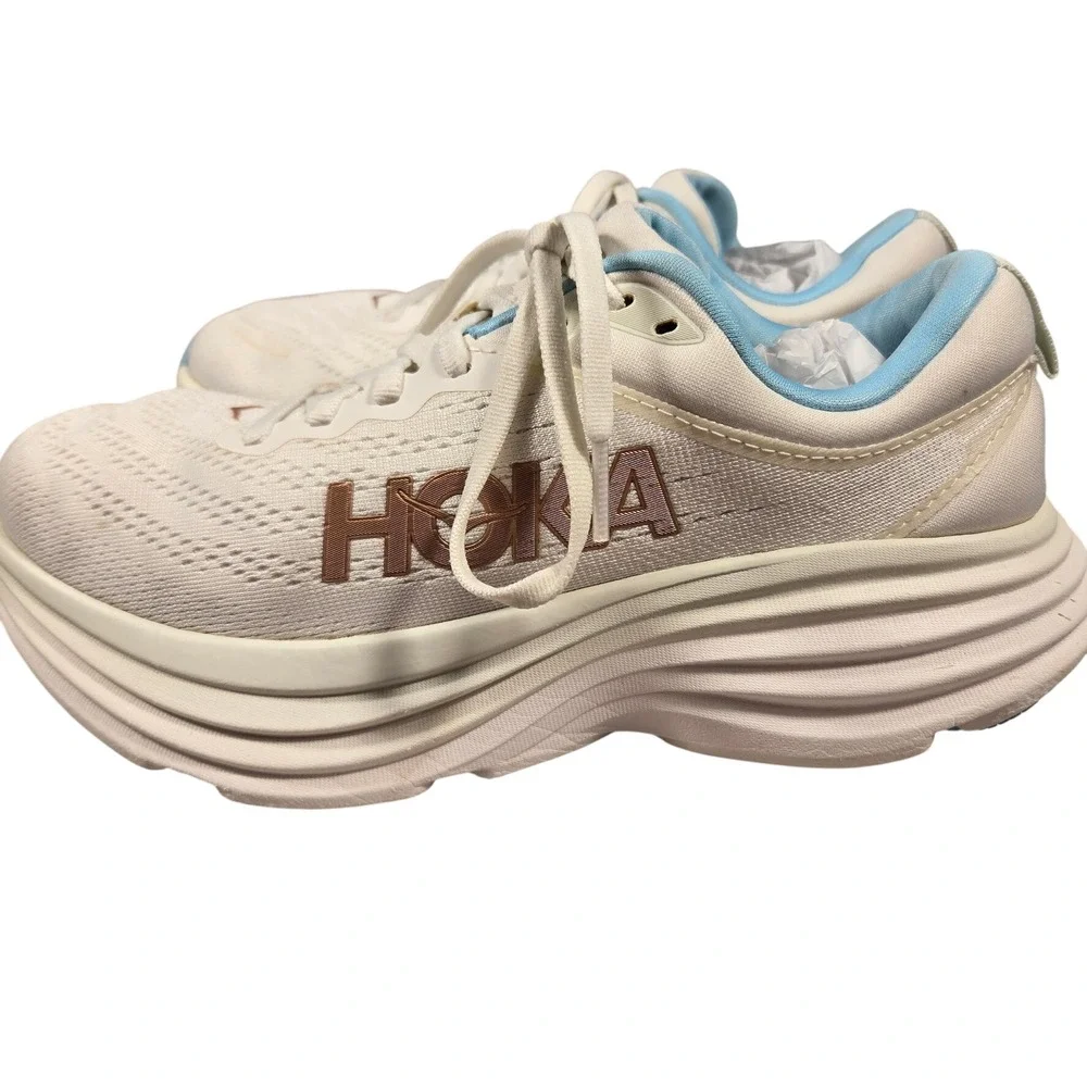 Hoka Bondi 8 Womens Road Running Shoes White Blue Rose Gold 7.5B 1127896